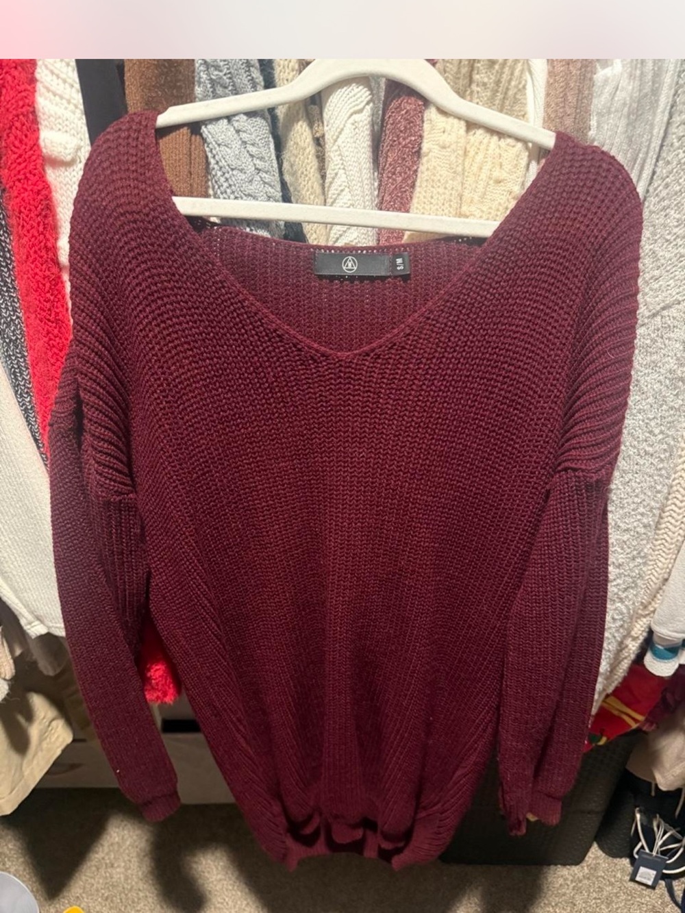 Misguided Women’s V-Neck Chunky Knit Sweater DRESS - Burgundy